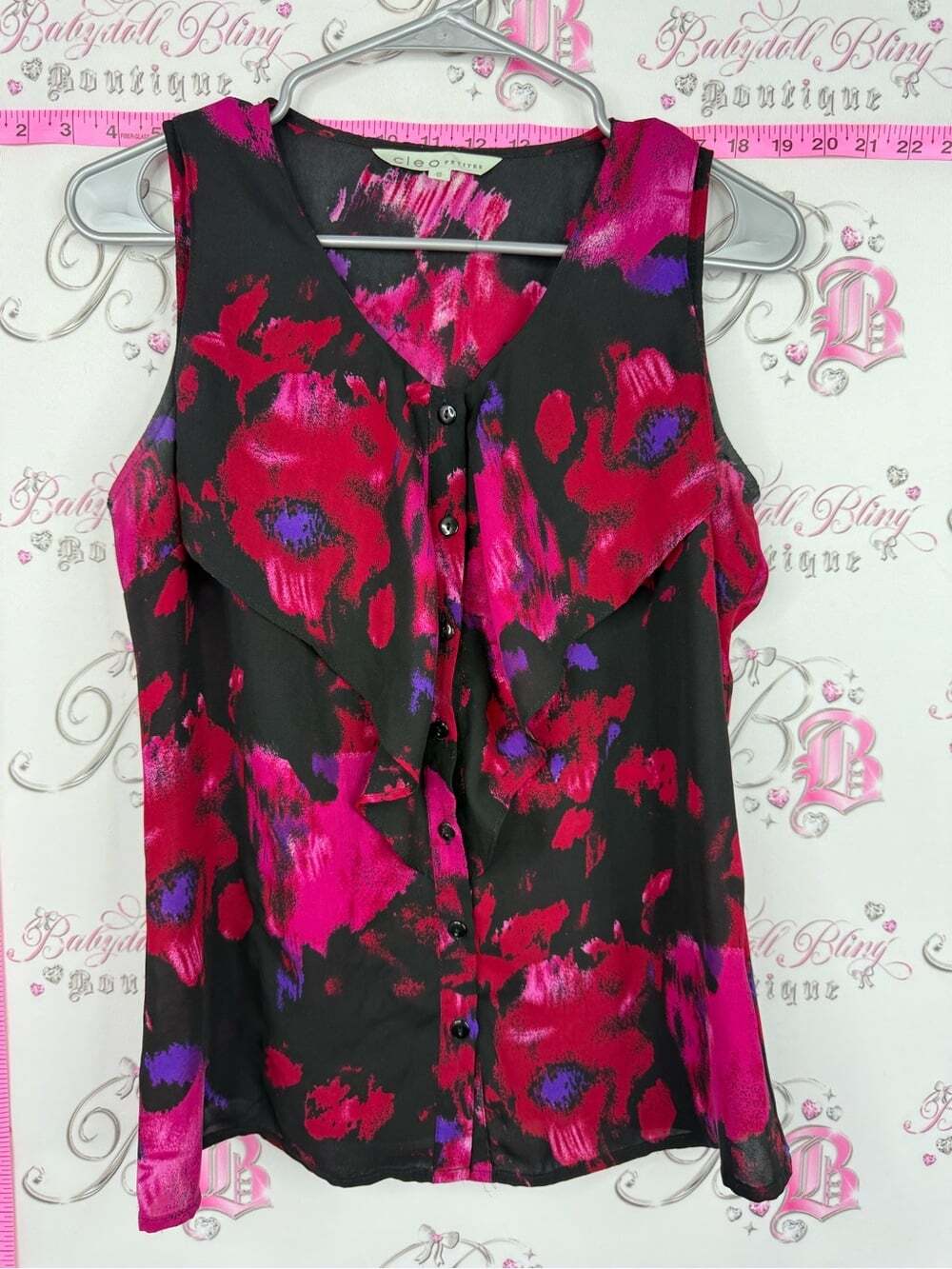 cleo tank top Black Sleeveless Ruffle Camisole with Fuchsia & Purple Floral